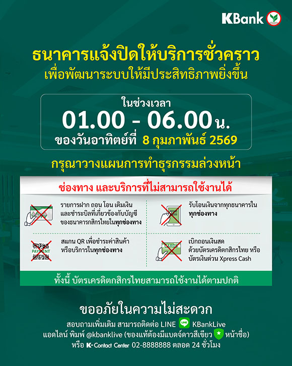 กสิกรไทยแจ้งปิดปรับปรุงระบบชั่วคราว ช่วง 01:00 - 06:00 น. ของวันที่ 8 ก.พ. 69