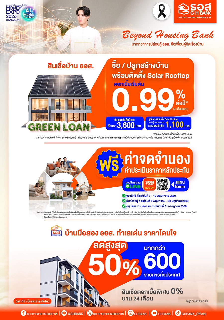ธอส. ปลดล็อกค่าไฟแพง จัดแคมเปญสินเชื่อบ้านหลังคา Solar Rooftop ดอกเบี้ยเริ่มต้น 0.99% ต่อปี ช่วยค่าติดตั้งสูงสุด 50,000 บาท ในงานมหกรรมการเงินกรุงเทพ ครั้งที่ 26