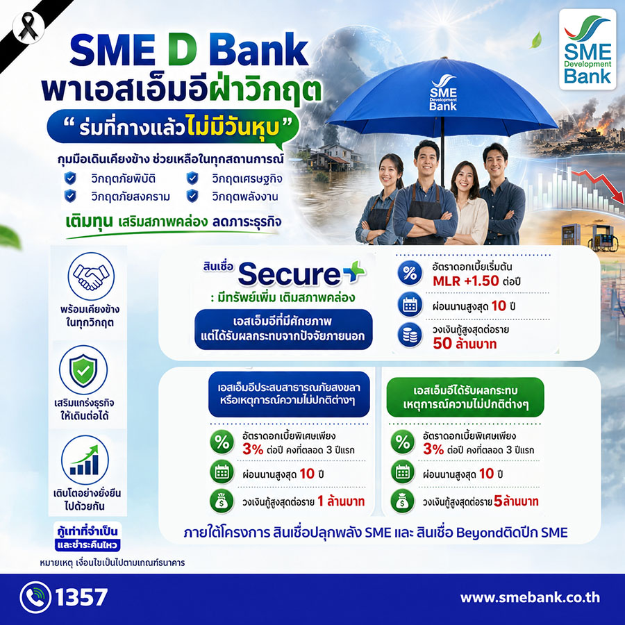 SME D Bank ขับเคลื่อนนโยบายรัฐ-ธปท. สานต่อช่วยเอสเอ็มอีประสบวิกฤต เปิดตัวสินเชื่อ SME Secure+ ผ่อนปรนเงื่อนไข เปิดโอกาสถึงแหล่งทุน หนุนพลิกฟื้นธุรกิจ