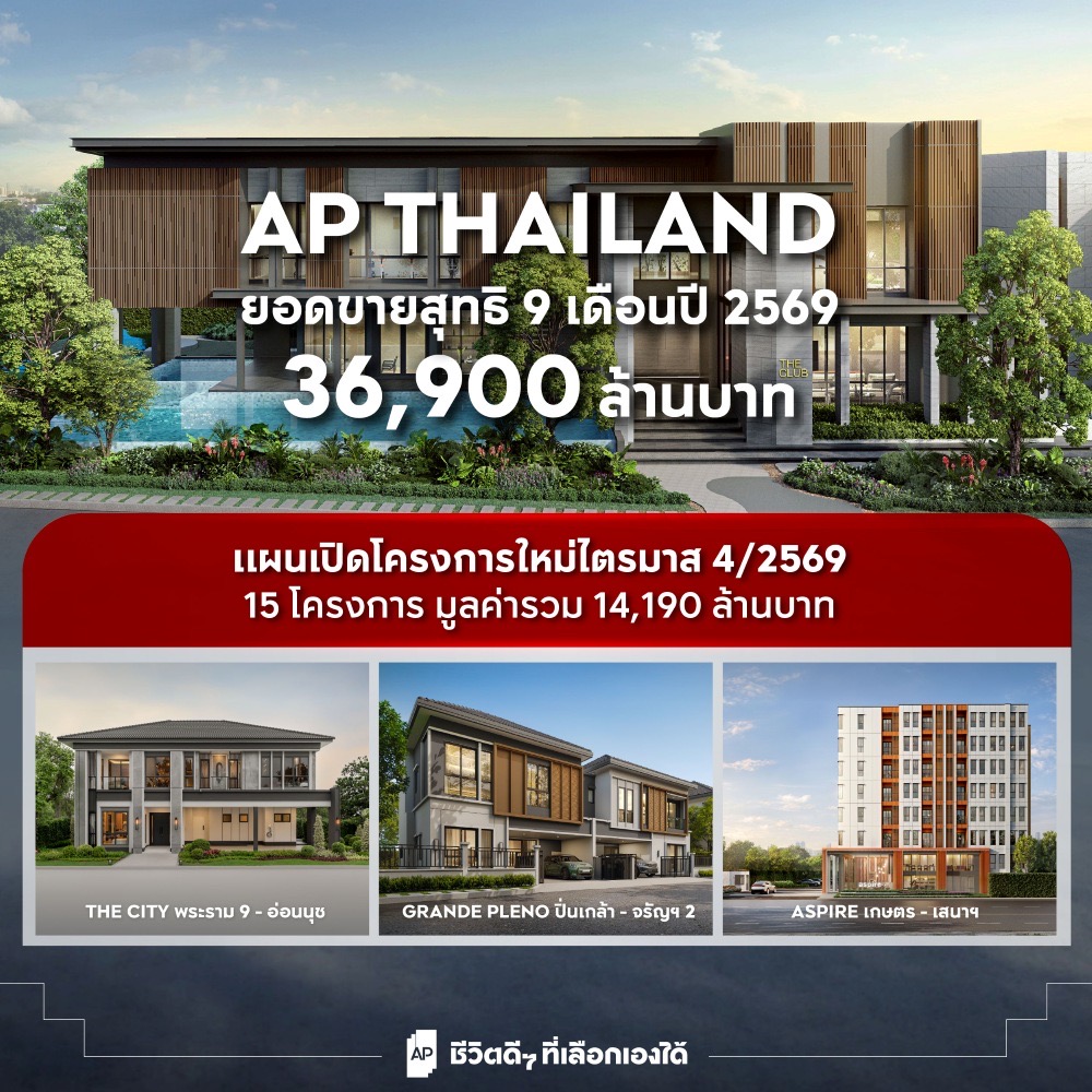 AP  ไทยแลนด์ สรุปผลงาน 9 เดือน  ยอดขายสุทธิ (Net Presales)36,900 ล้านบาท